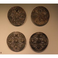 Silver brooches, solar cross, sun disc, solar disc